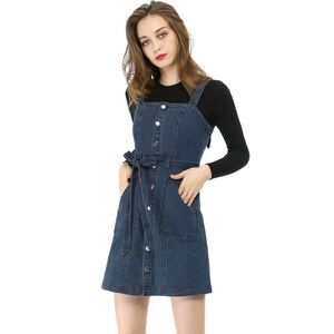 Women's Classic Adjustable Strap A-Line Overall Denim Dress Dark Blue